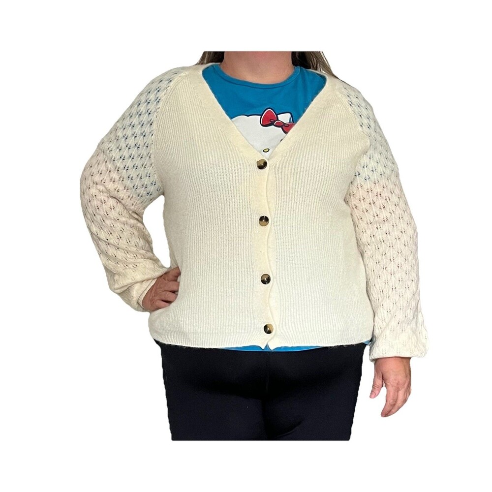 Lane Bryant V Neck Cardigan Pointelle Balloon Sleeve 14/16 1X Cream Twee Coquett